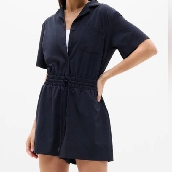 Athleta Pants - Athleta Women's Avenue Romper Navy Blue Size L TALL Button Front Collared